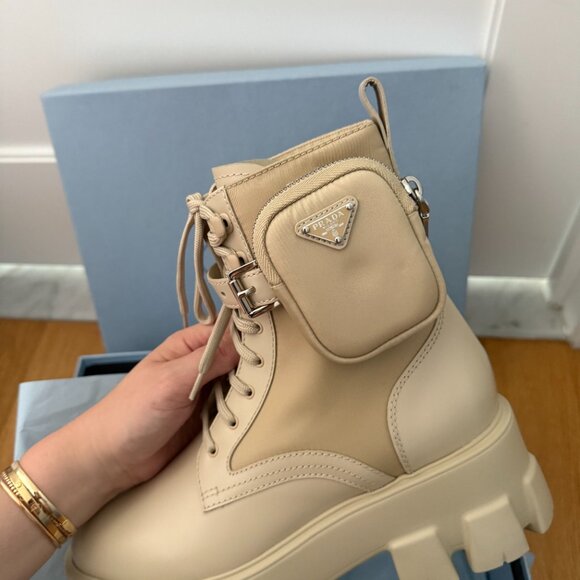Prada Monolith Platform Combat Boots Re-nylon Leather In Deserto Pouch Pockets - Picture 5 of 12